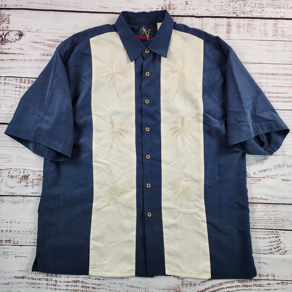 Bamboo Cay Mens Tall Palms Embroidered Silk Camp Shirt Navy Cream Tropical L - Picture 2 of 6